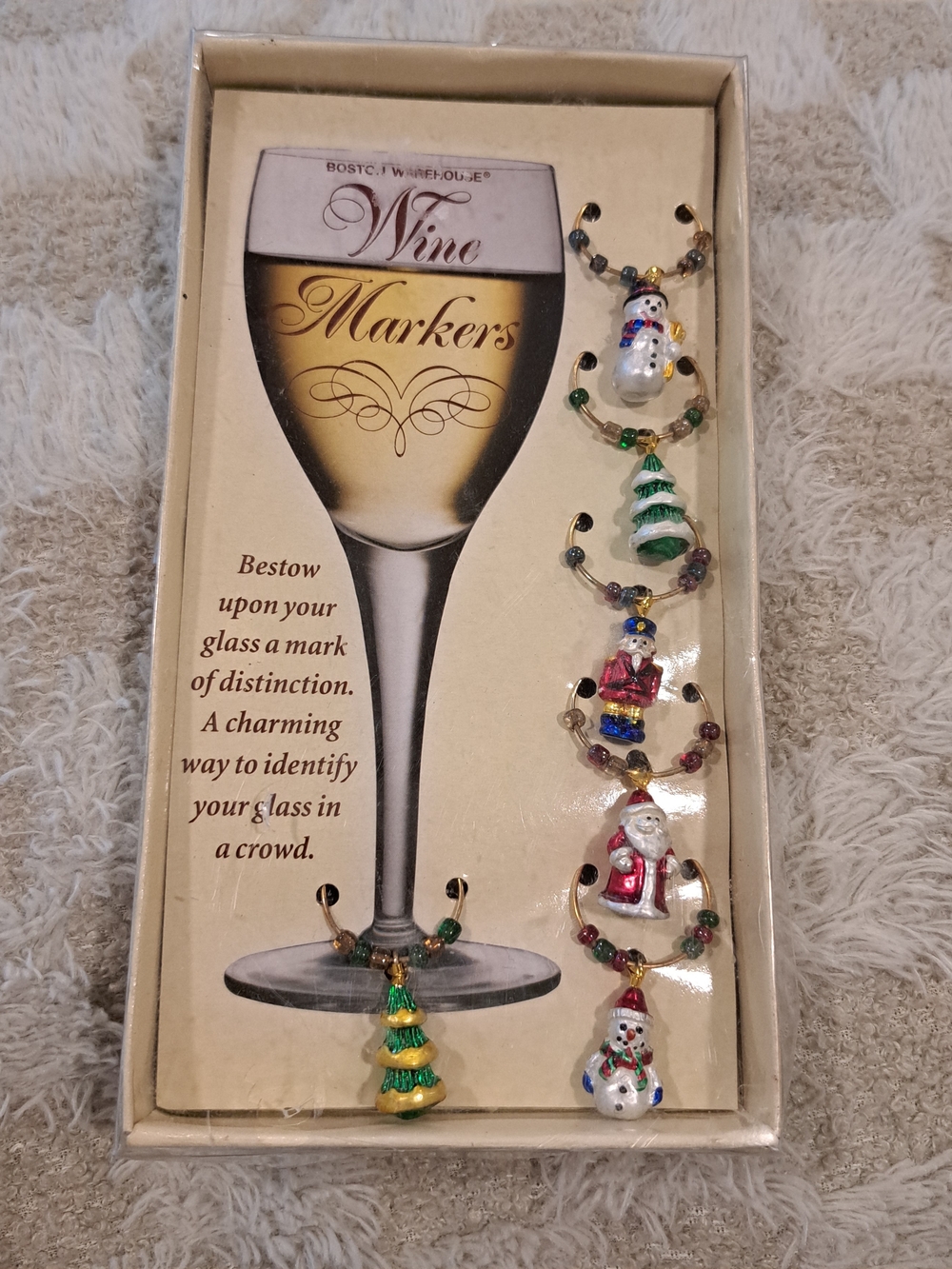 Boston Warehouse Wine Markers Charms Christmas Snowmen Tree Santa Set of 6 New
